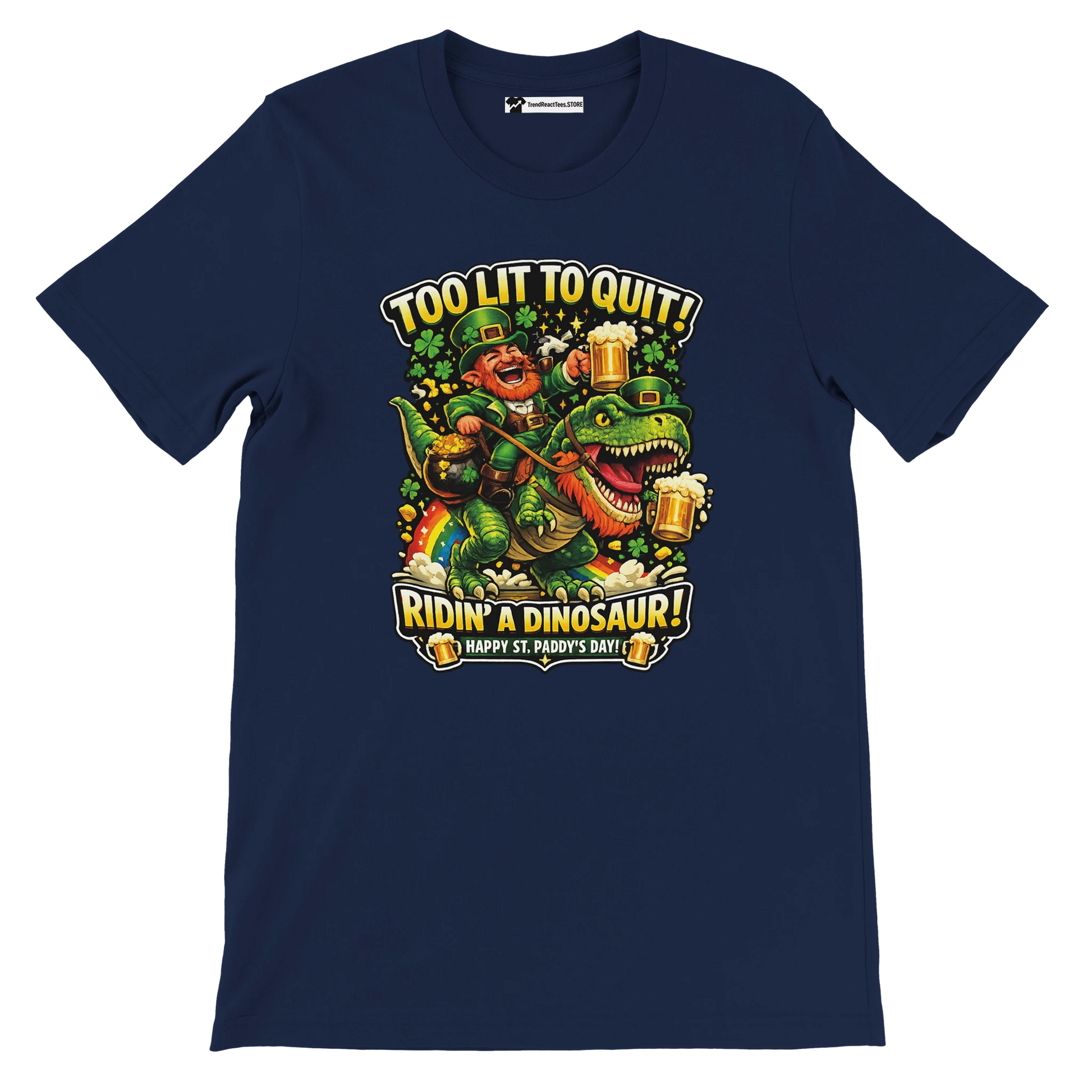 Leprechaun riding dinosaur with beer, St. Paddy's Day tee, festive holiday design
