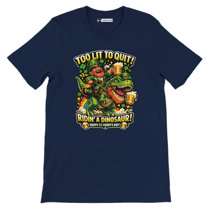 Leprechaun riding dinosaur with beer, St. Paddy's Day tee, festive holiday design