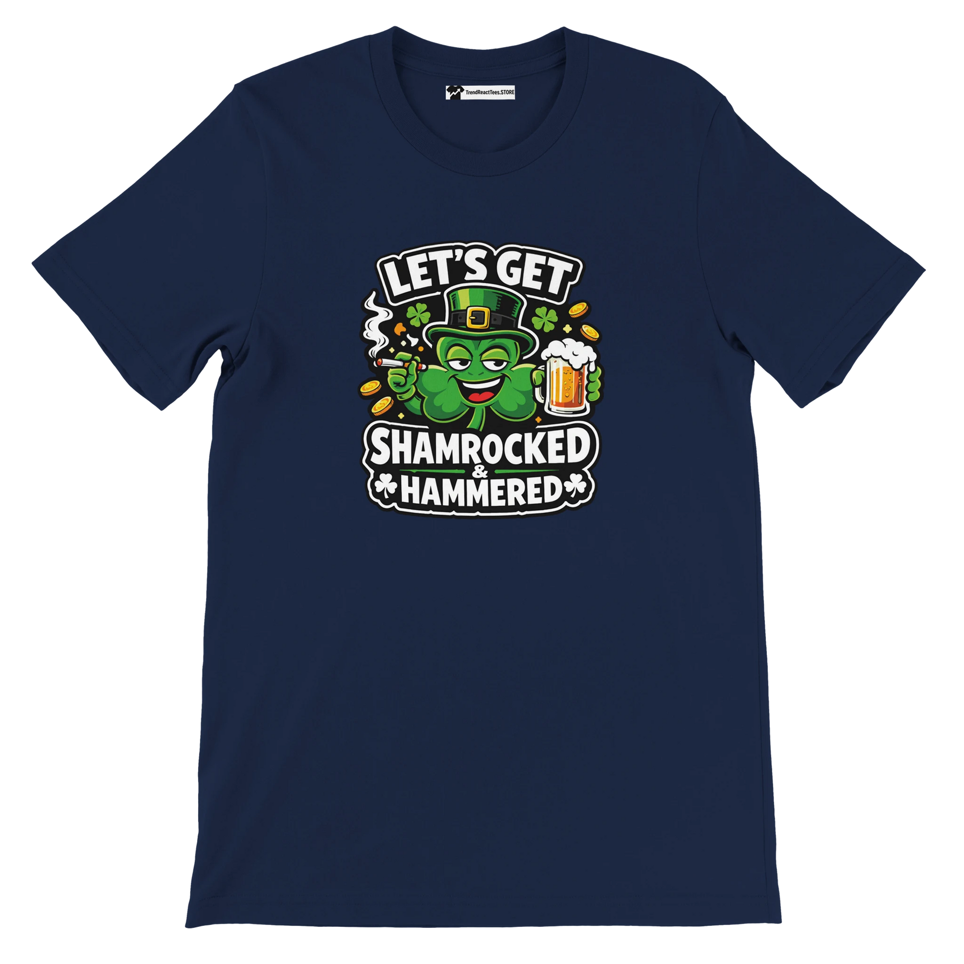 Navy t-shirt with a cartoon shamrock holding beer, St. Patrick’s Day quote graphic