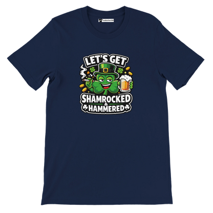 Navy t-shirt with a cartoon shamrock holding beer, St. Patrick’s Day quote graphic