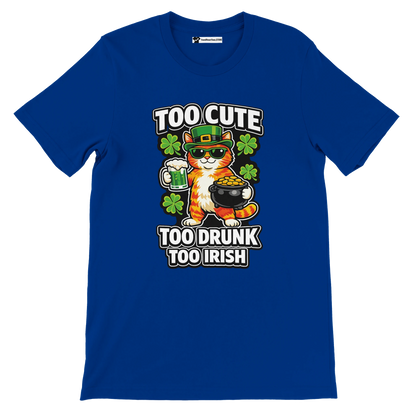 Blue St. Patrick's Day tee with cartoon cat, shamrocks, beer, gold pot, and festive quote.