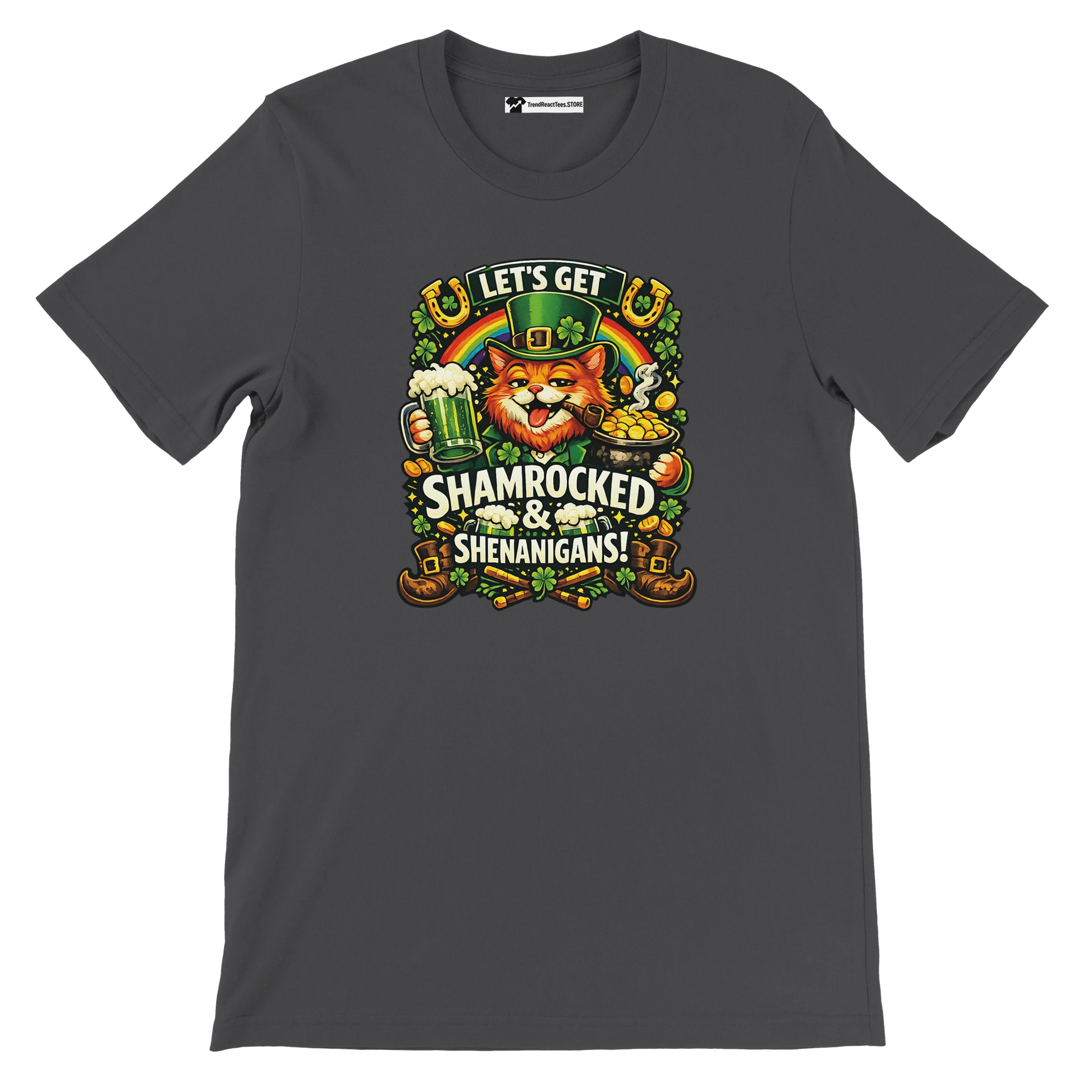 St. Patrick's Day graphic tee featuring a leprechaun cat, beer mug, gold coins, and festive text