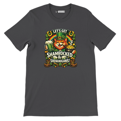 St. Patrick's Day graphic tee featuring a leprechaun cat, beer mug, gold coins, and festive text