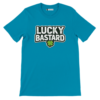 Teal Lucky Bastard tee with shamrock, St. Patrick's Day graphic tee for holidays and lifestyle