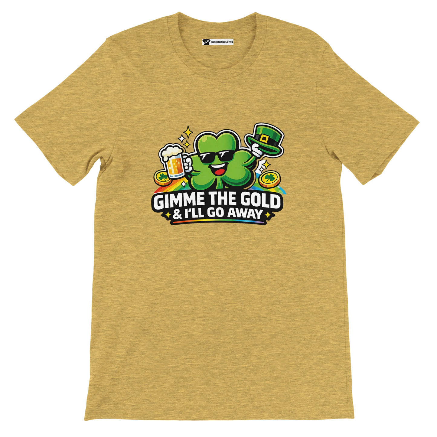 Funny St. Patrick's Day tee with shamrock, beer, gold coins, and 'Gimme the Gold' text on mustard shirt