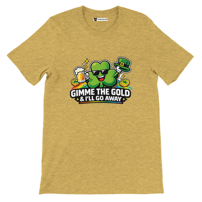 Funny St. Patrick's Day tee with shamrock, beer, gold coins, and 'Gimme the Gold' text on mustard shirt