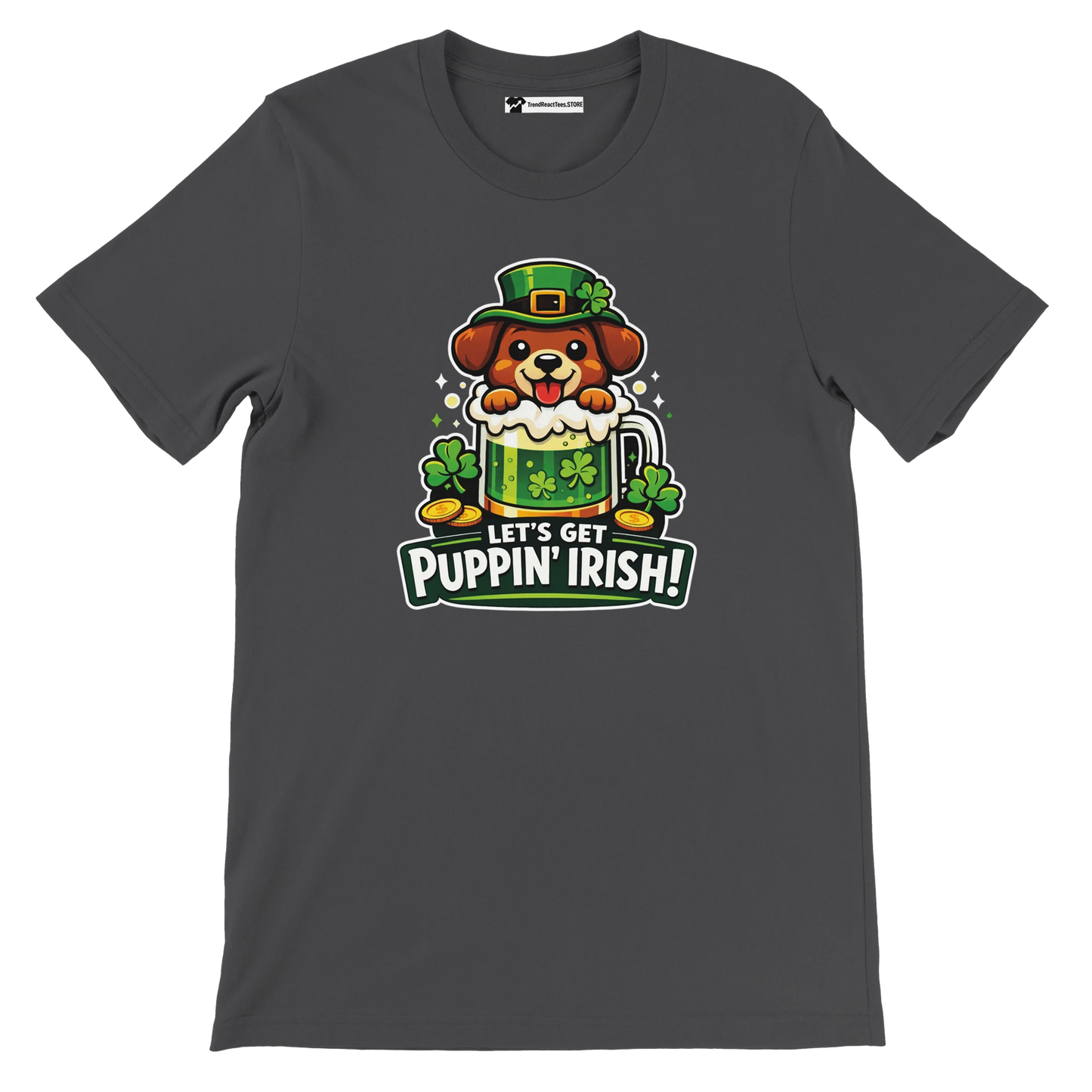 Dark grey t-shirt with cartoon puppy in leprechaun hat, shamrocks, and 'Let's Get Puppin' Irish!' text for St. Patrick's Day