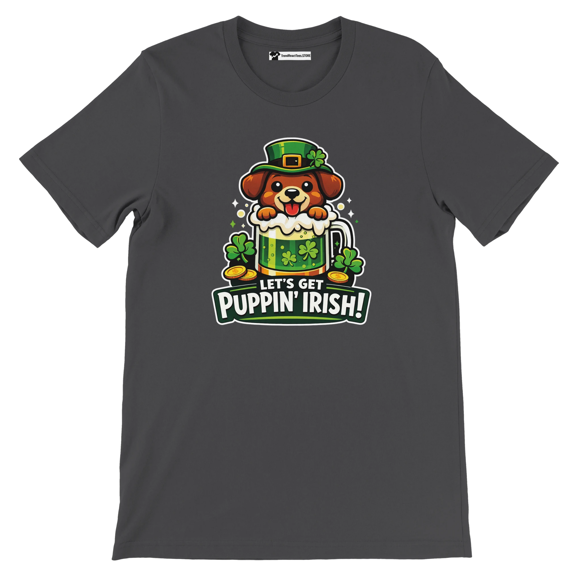 Dark grey t-shirt with cartoon puppy in leprechaun hat, shamrocks, and 'Let's Get Puppin' Irish!' text for St. Patrick's Day
