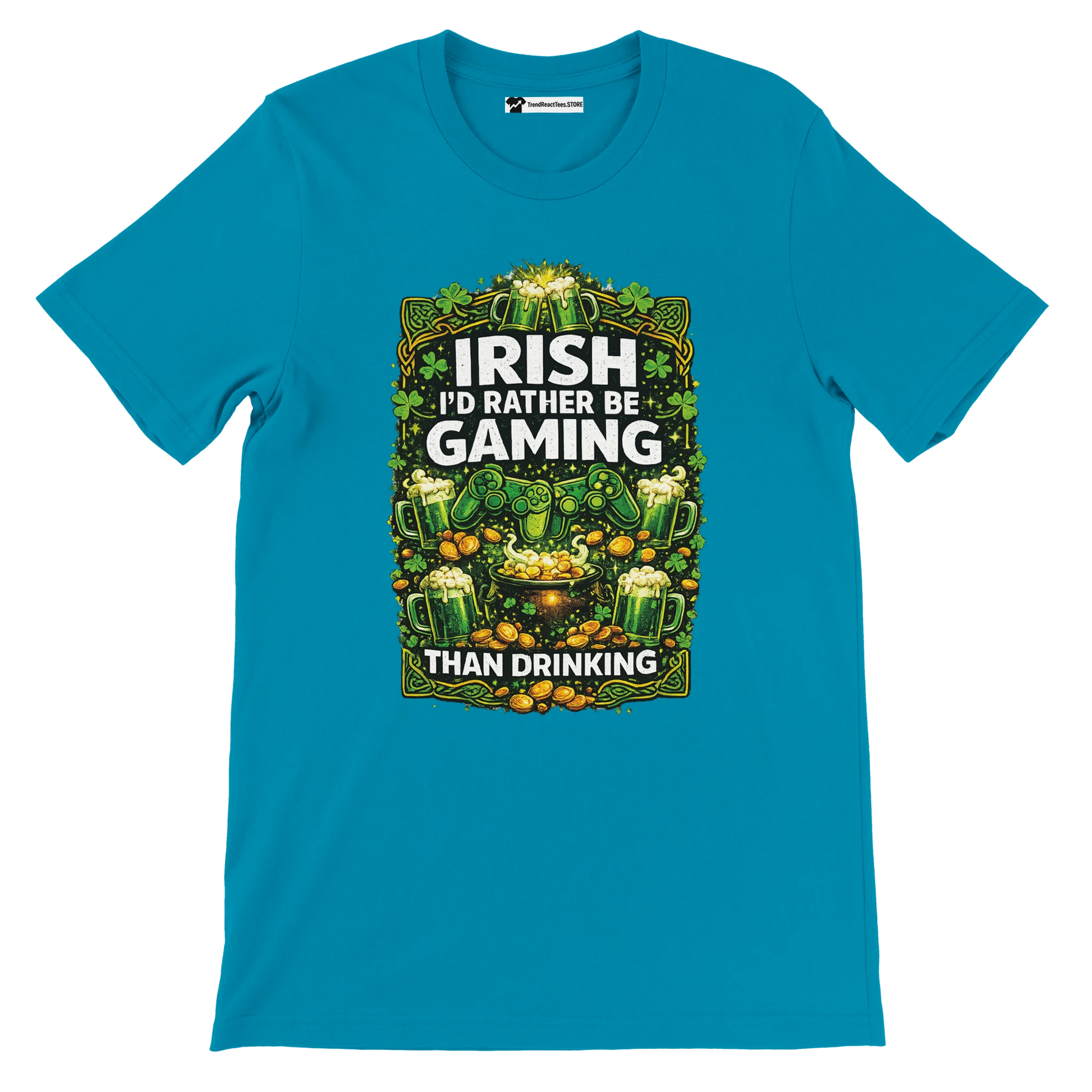 Irish gaming tee with shamrocks, beer mugs, and controllers for St. Patrick's Day
