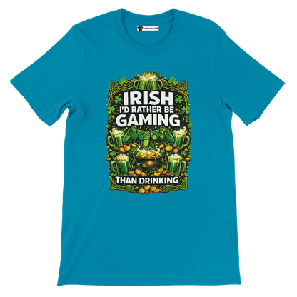 Irish gaming tee with shamrocks, beer mugs, and controllers for St. Patrick's Day