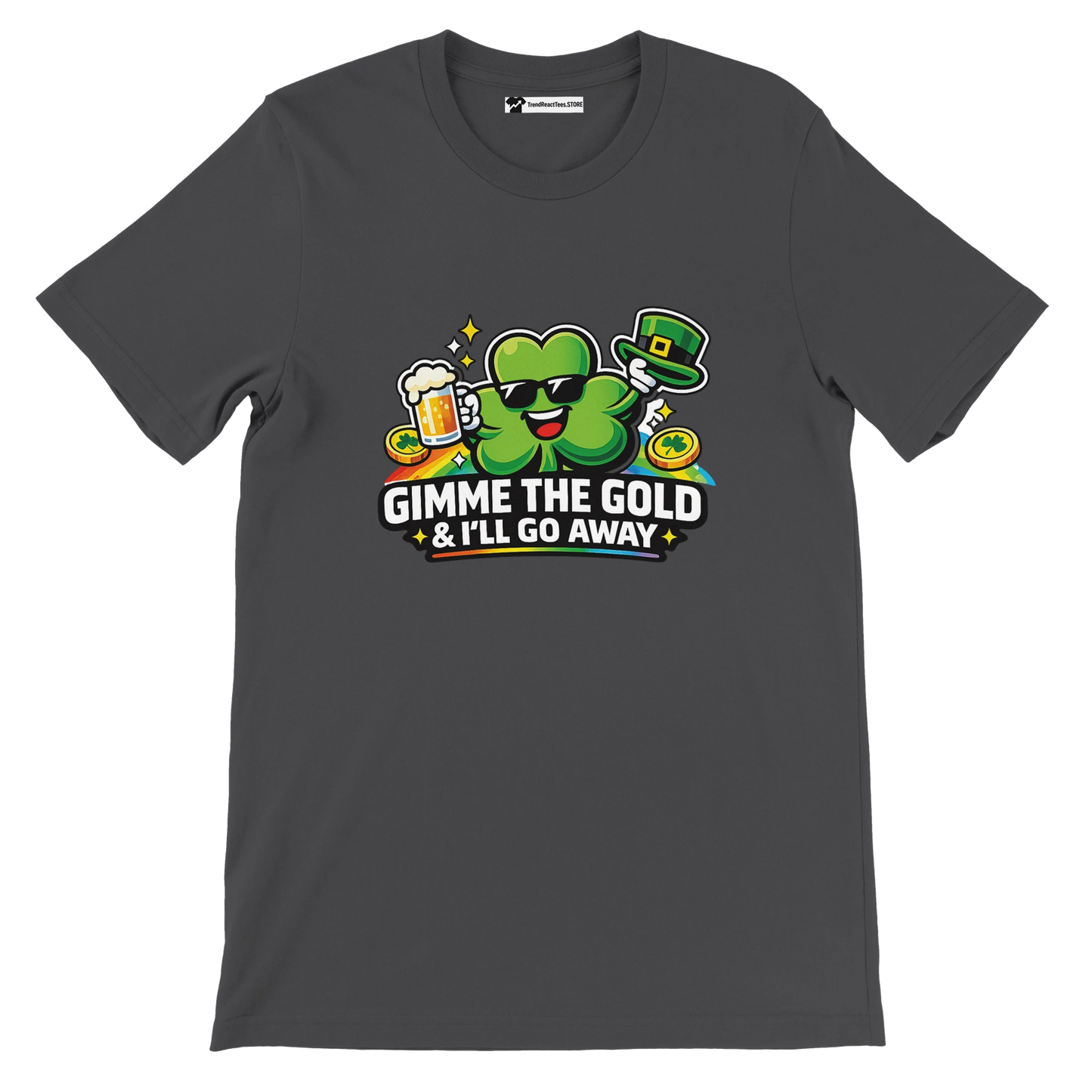 St. Patrick's Day tee with shamrock, beer, and gold coins design