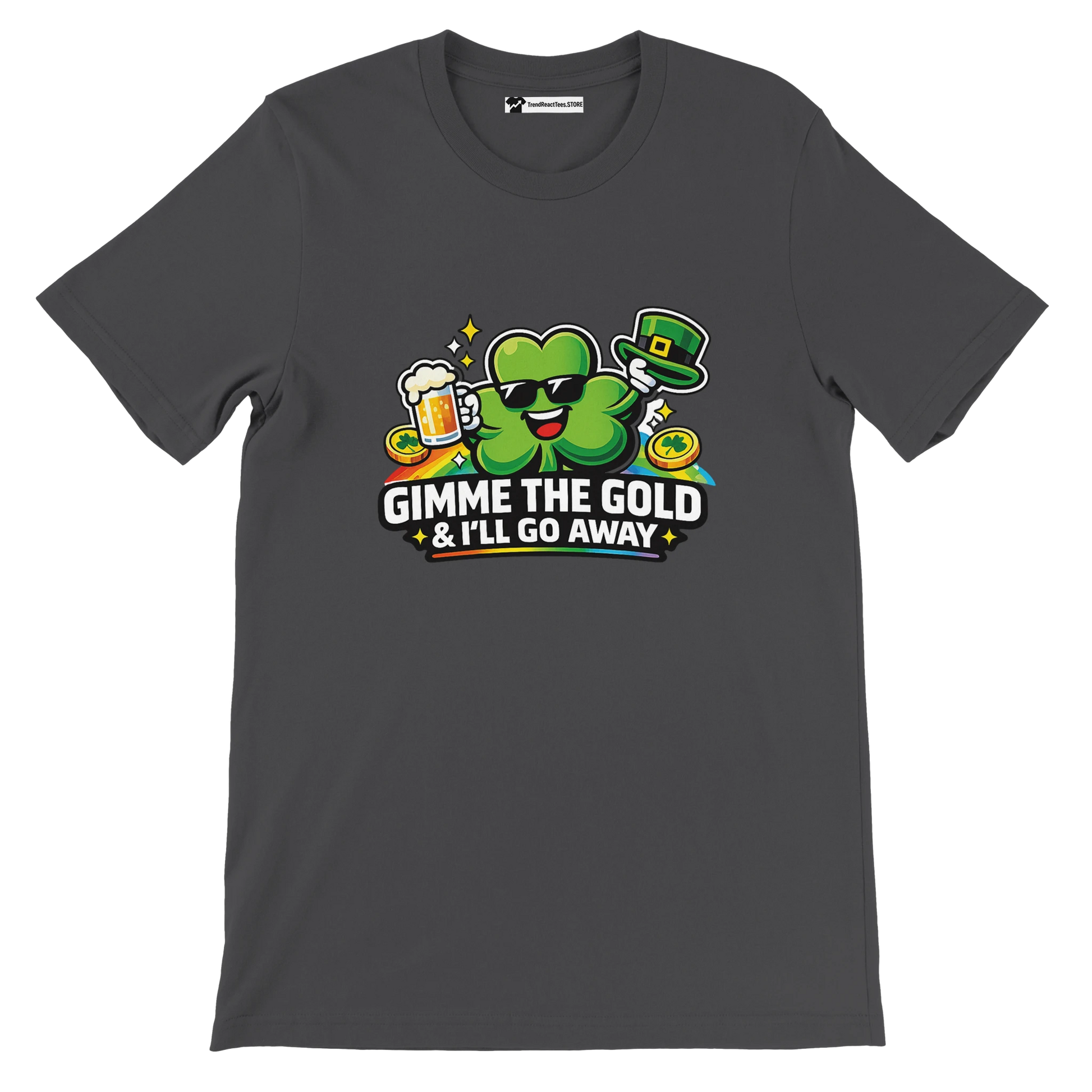 St. Patrick's Day tee with shamrock, beer, and gold coins design