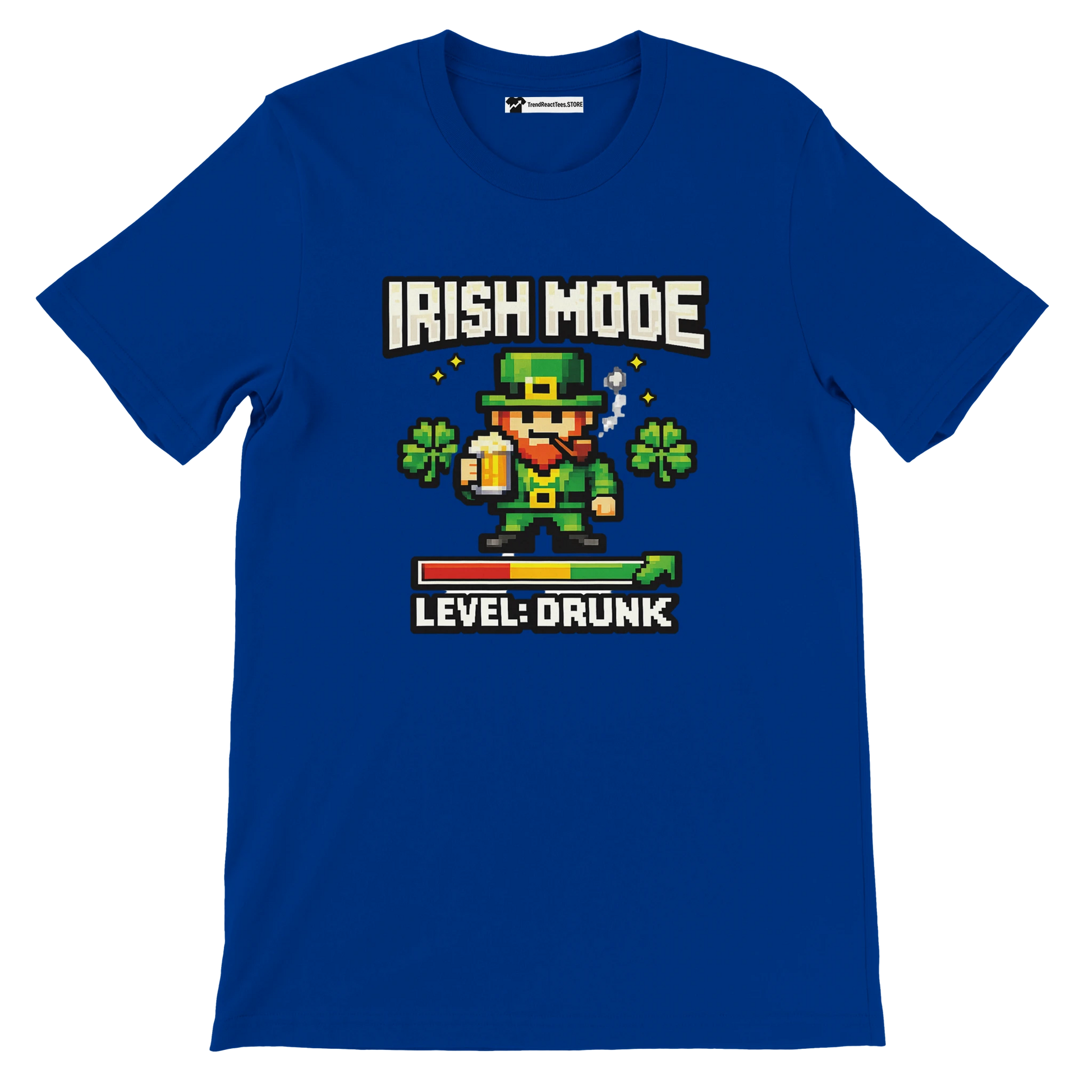 Blue Irish Mode Level Drunk pixel art leprechaun tee with shamrocks, beer, and game bar for St. Patrick's Day