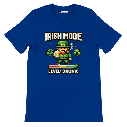 Blue Irish Mode Level Drunk pixel art leprechaun tee with shamrocks, beer, and game bar for St. Patrick's Day