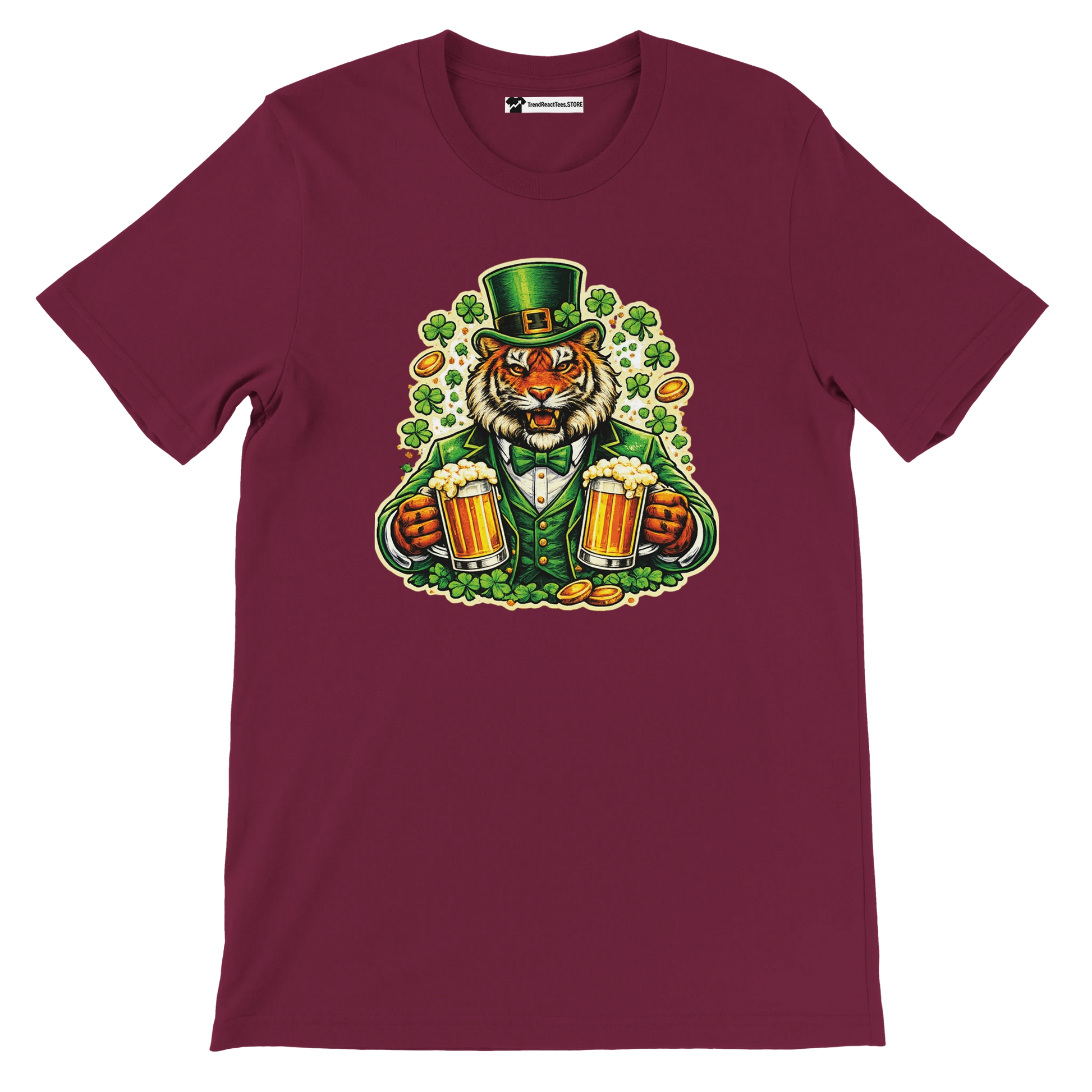 Maroon t-shirt with a St. Patrick's Day anime tiger holding beer mugs, surrounded by shamrocks