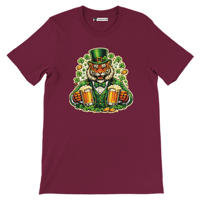 Maroon t-shirt with a St. Patrick's Day anime tiger holding beer mugs, surrounded by shamrocks