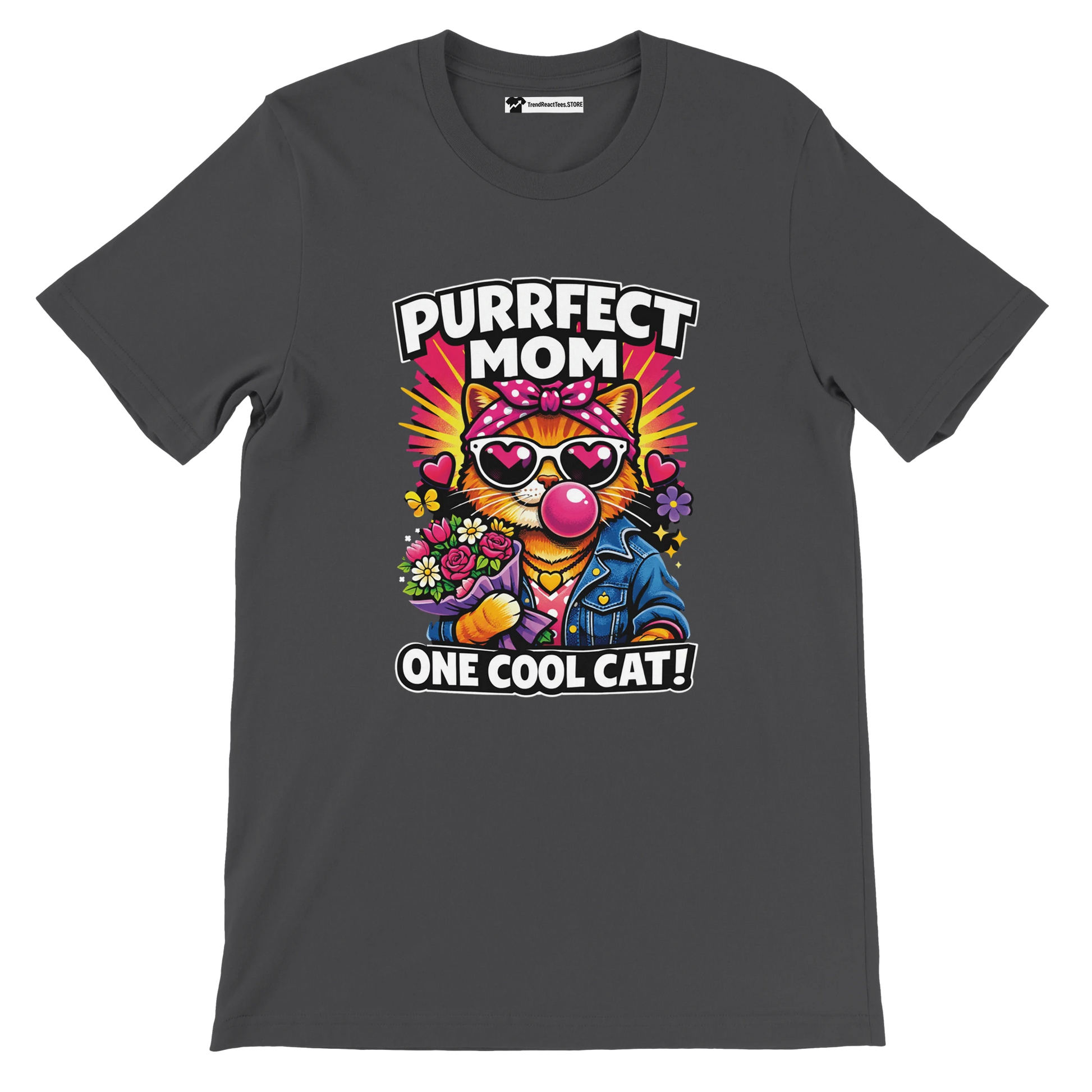 Graphic tee with cartoon cat in sunglasses, denim jacket, and flowers, text reads 'Purrfect Mom One Cool Cat'