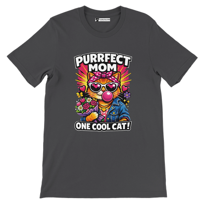 Graphic tee with cartoon cat in sunglasses, denim jacket, and flowers, text reads 'Purrfect Mom One Cool Cat'