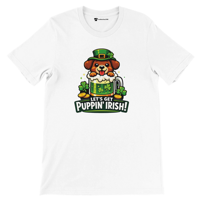 White t-shirt with cute dog in leprechaun hat, shamrocks, and green beer, St Patrick's Day quote
