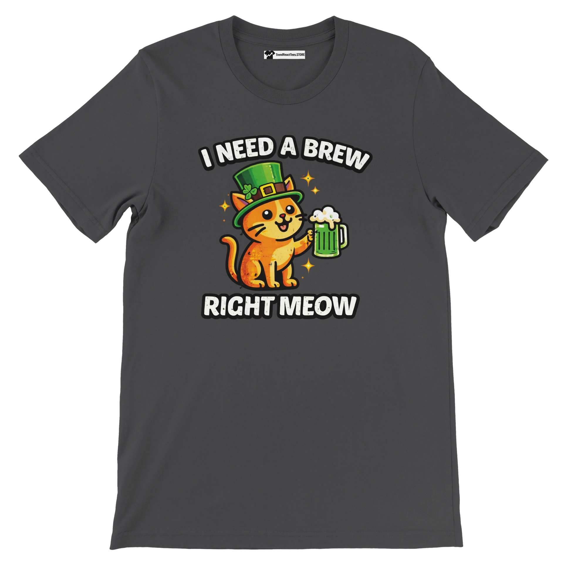 Dark t-shirt with cartoon cat in green leprechaun hat holding beer, St. Patrick's Day pun text.