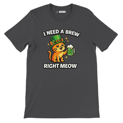 Dark t-shirt with cartoon cat in green leprechaun hat holding beer, St. Patrick's Day pun text.