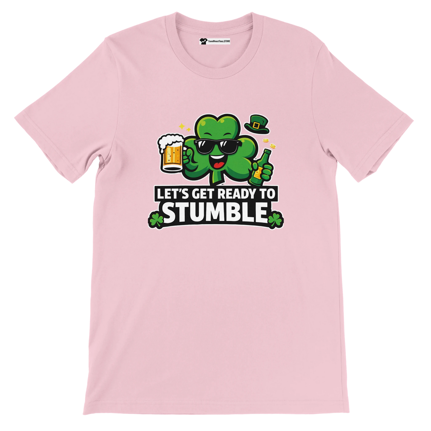 Pink t-shirt with cartoon shamrock holding beer, St. Patrick's Day quote, festive holiday tee