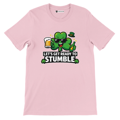 Pink t-shirt with cartoon shamrock holding beer, St. Patrick's Day quote, festive holiday tee