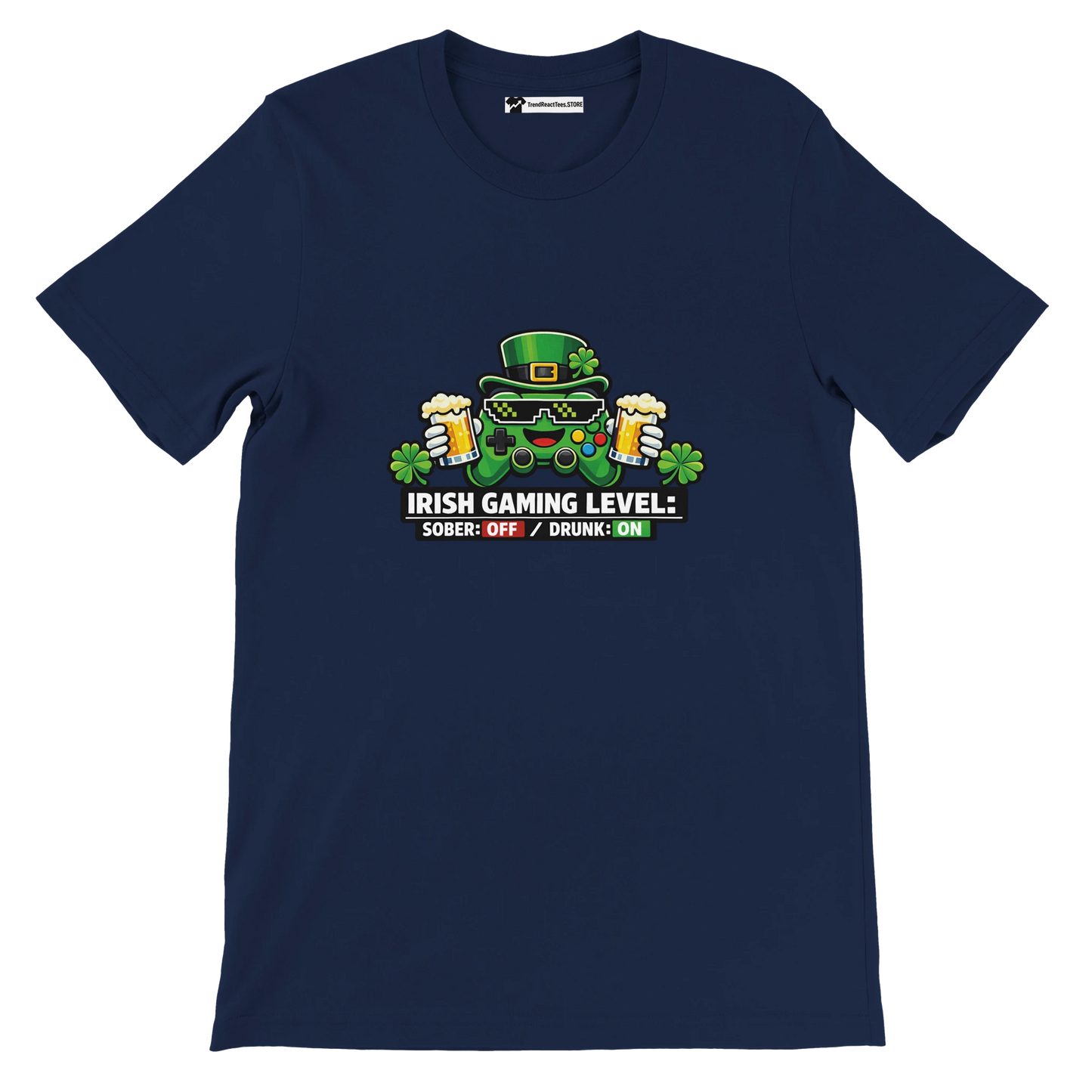 Irish Gaming Level Tee with Controller, Beer, and Shamrocks for St. Patrick's Day Fun
