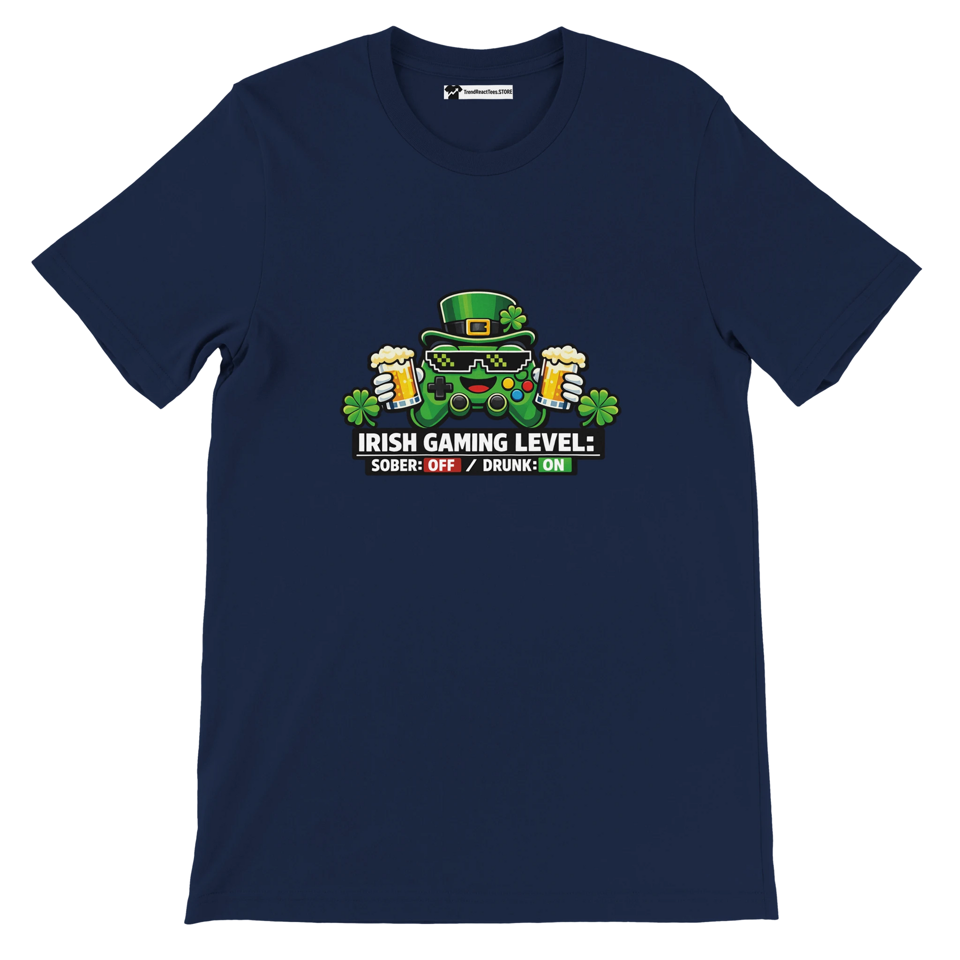 Irish Gaming Level Tee with Controller, Beer, and Shamrocks for St. Patrick's Day Fun