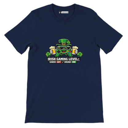 Irish Gaming Level Tee with Controller, Beer, and Shamrocks for St. Patrick's Day Fun