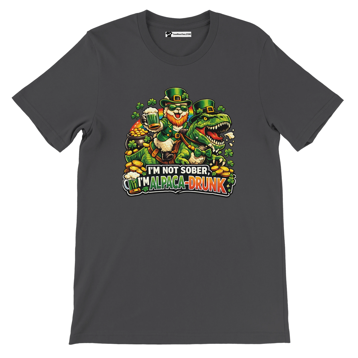 St. Patrick's Day t-shirt with leprechaun riding dinosaur, shamrocks, gold coins, and 'I'm not sober, I'm alpaca-drunk' text