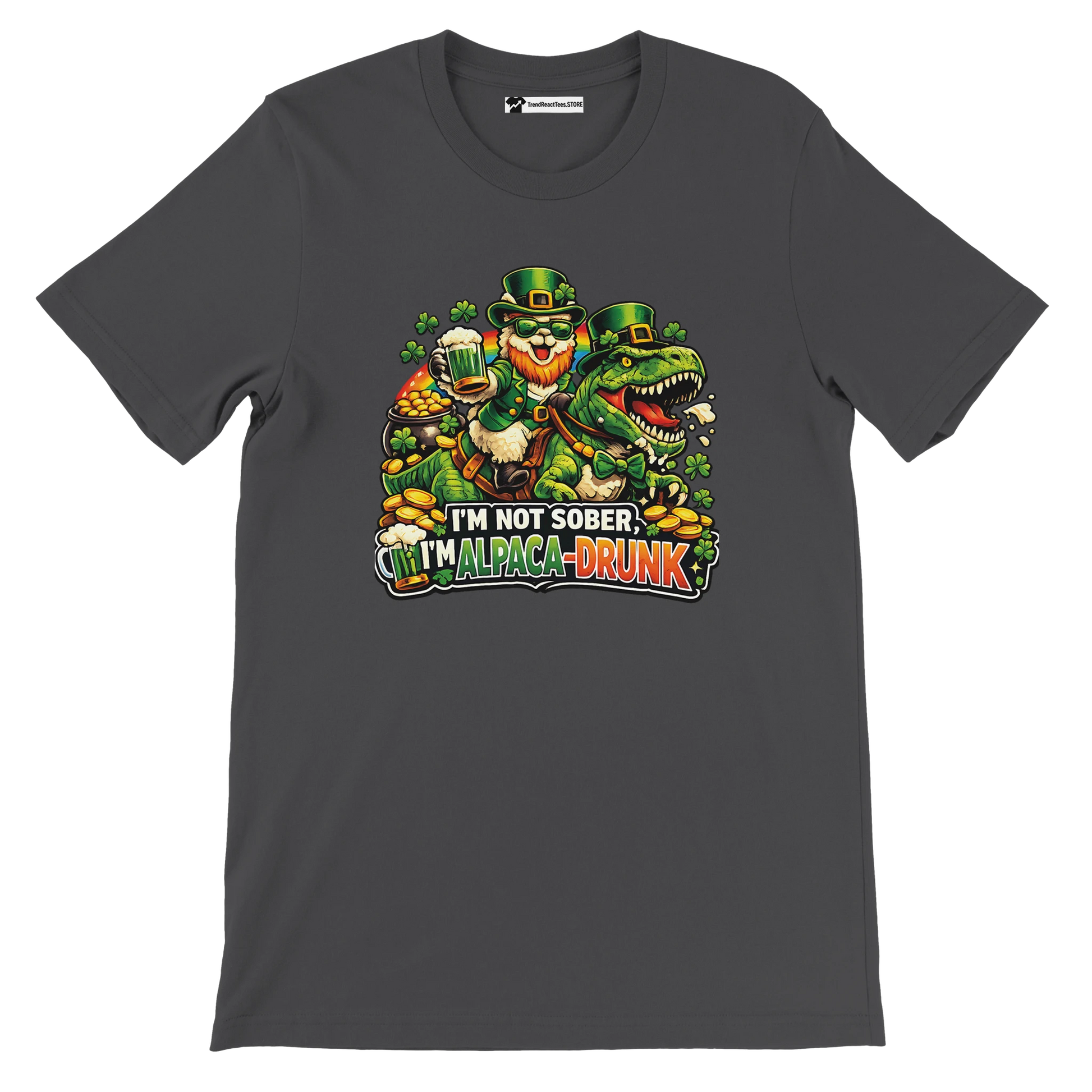 St. Patrick's Day t-shirt with leprechaun riding dinosaur, shamrocks, gold coins, and 'I'm not sober, I'm alpaca-drunk' text