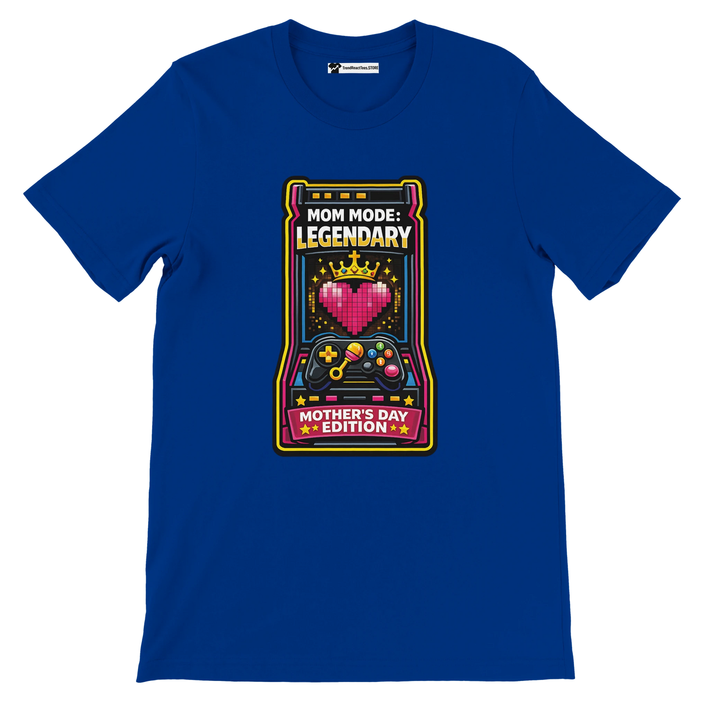 Blue t-shirt with retro gaming design, heart, crown, game controller, and 'Mom Mode: Legendary, Mother's Day Edition' text.
