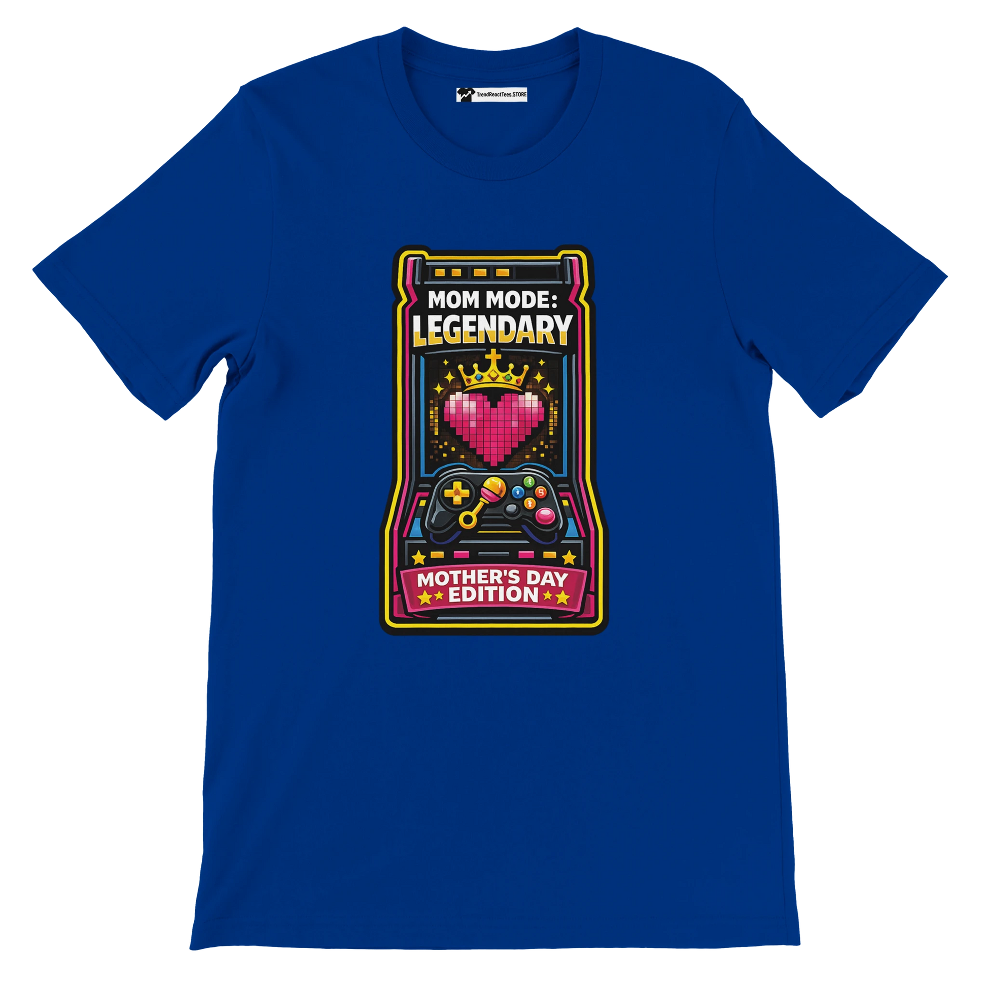 Blue t-shirt with retro gaming design, heart, crown, game controller, and 'Mom Mode: Legendary, Mother's Day Edition' text.