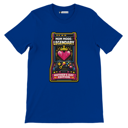 Blue t-shirt with retro gaming design, heart, crown, game controller, and 'Mom Mode: Legendary, Mother's Day Edition' text.