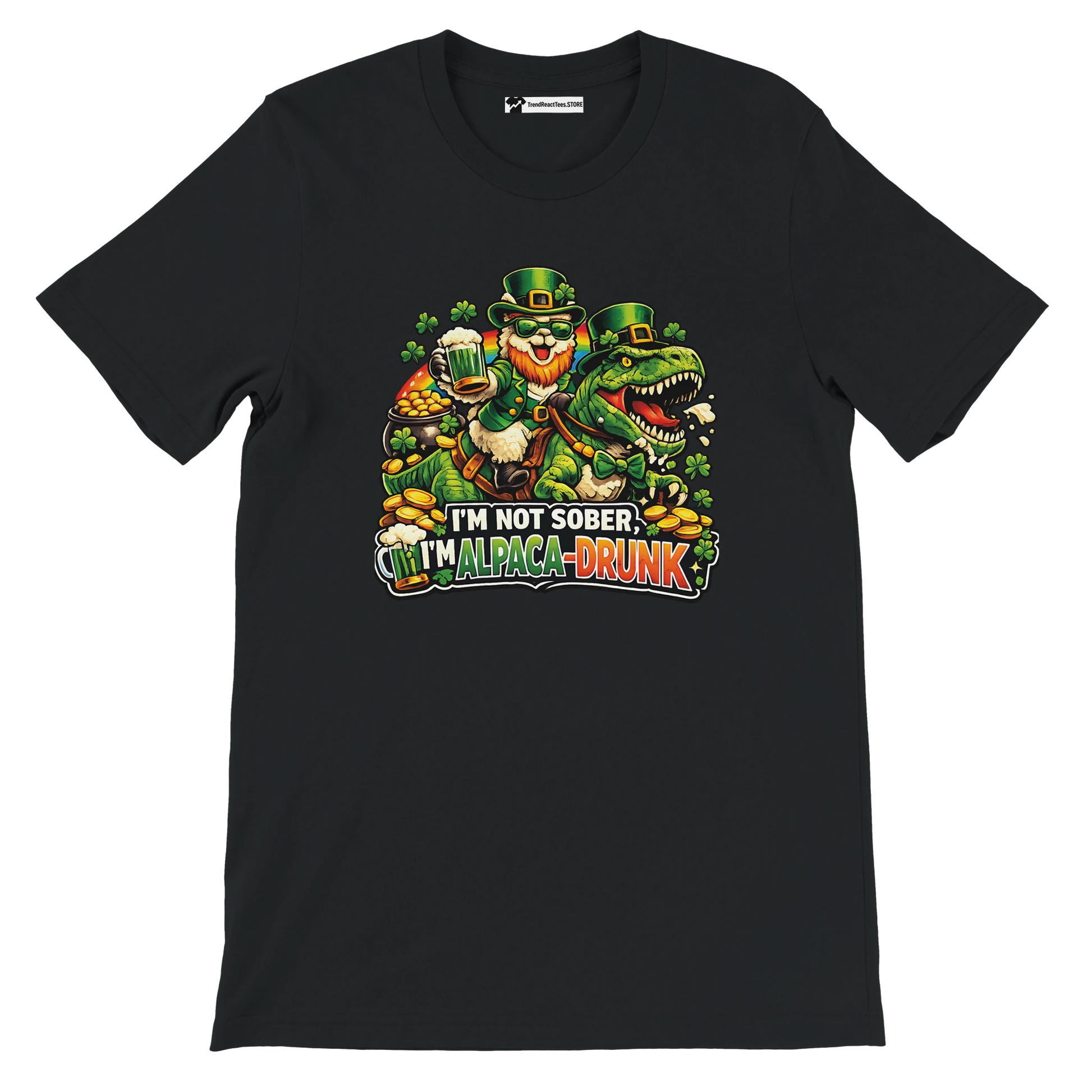Funny St. Patrick's Day tee with leprechaun riding dinosaur, 'I'm Alpaca-Drunk' text, shamrocks, and beer