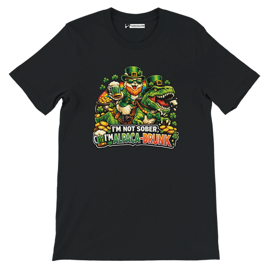 Funny St. Patrick's Day tee with leprechaun riding dinosaur, 'I'm Alpaca-Drunk' text, shamrocks, and beer