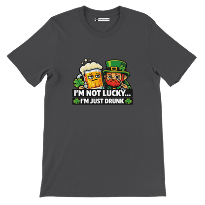 Funny St. Patrick’s Day tee with leprechaun and beer, saying 'I’m not lucky... I’m just drunk'