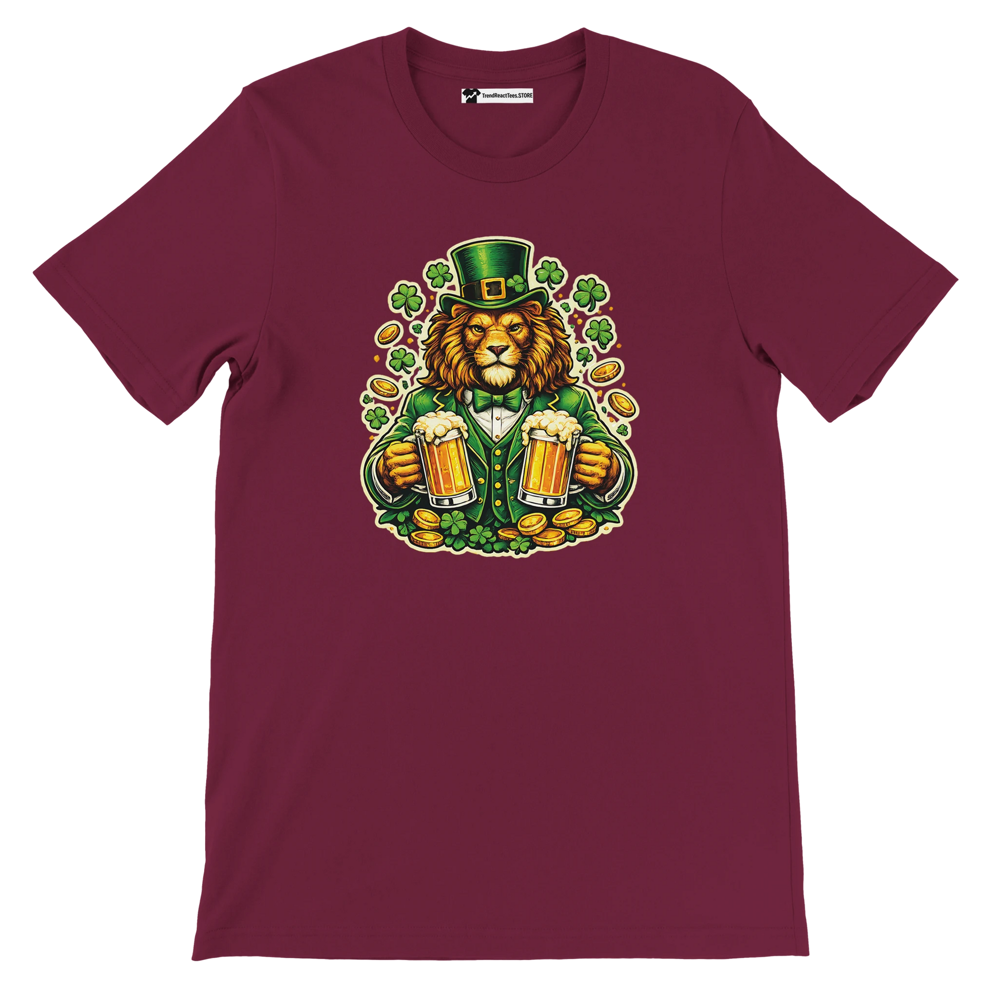 Lion in leprechaun hat holding beer mugs, shamrocks, gold coins - St. Patrick's Day tee