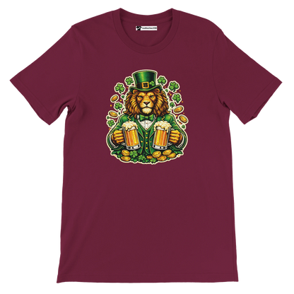 Lion in leprechaun hat holding beer mugs, shamrocks, gold coins - St. Patrick's Day tee
