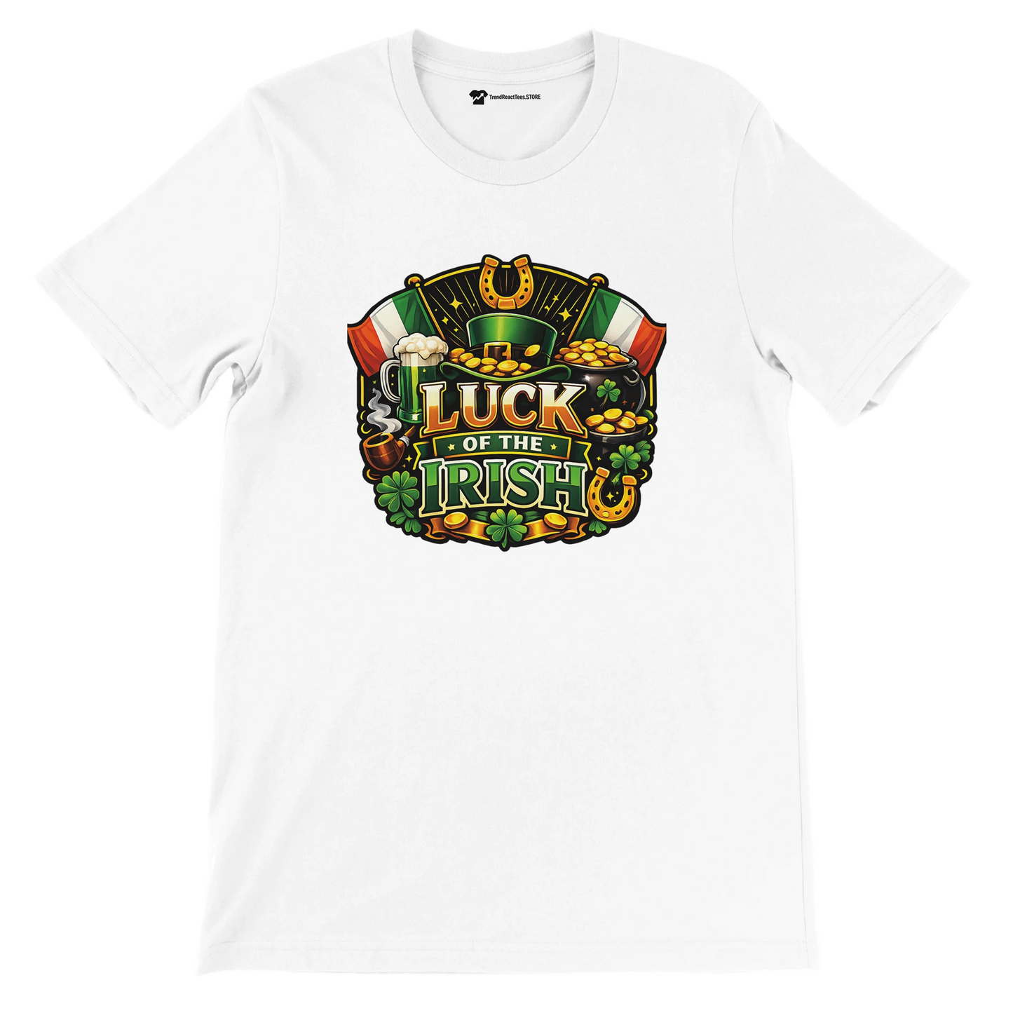 White t-shirt featuring a colorful Luck of the Irish graphic with clovers, gold coins, and leprechaun hat