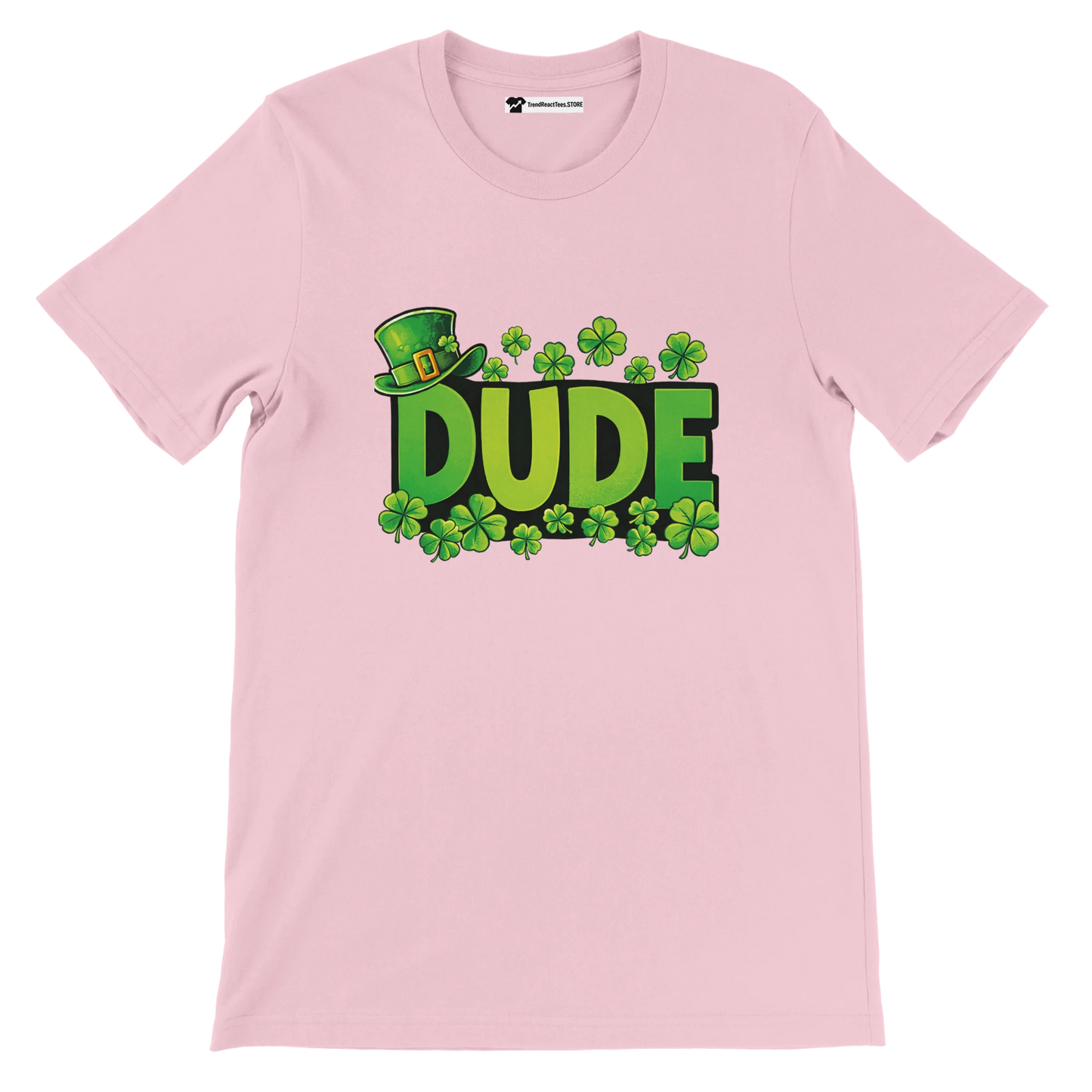 Pink St. Patrick's Day t-shirt with green 'DUDE' text, shamrocks, and leprechaun hat graphic