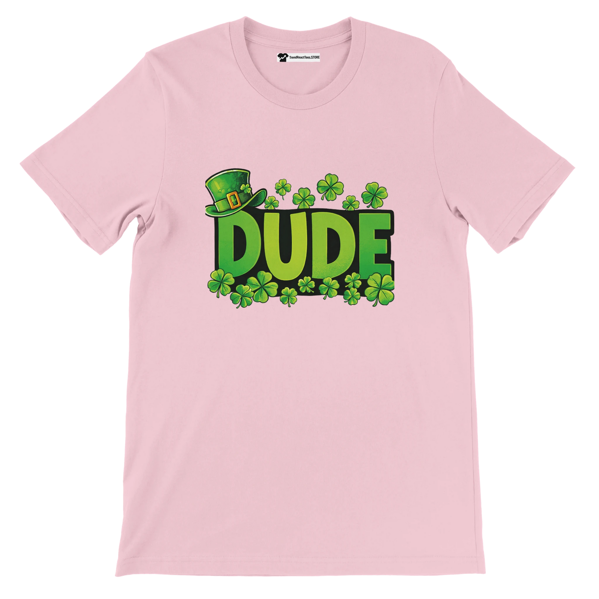 Pink St. Patrick's Day t-shirt with green 'DUDE' text, shamrocks, and leprechaun hat graphic