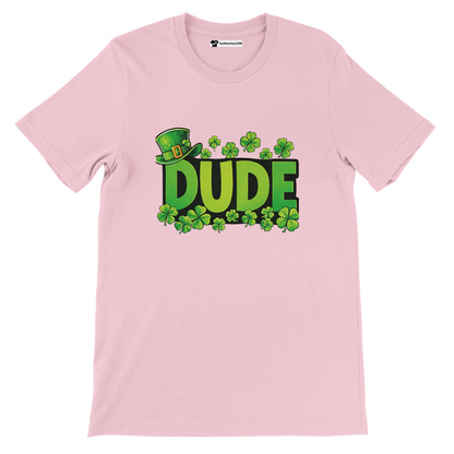 Pink St. Patrick's Day t-shirt with green 'DUDE' text, shamrocks, and leprechaun hat graphic