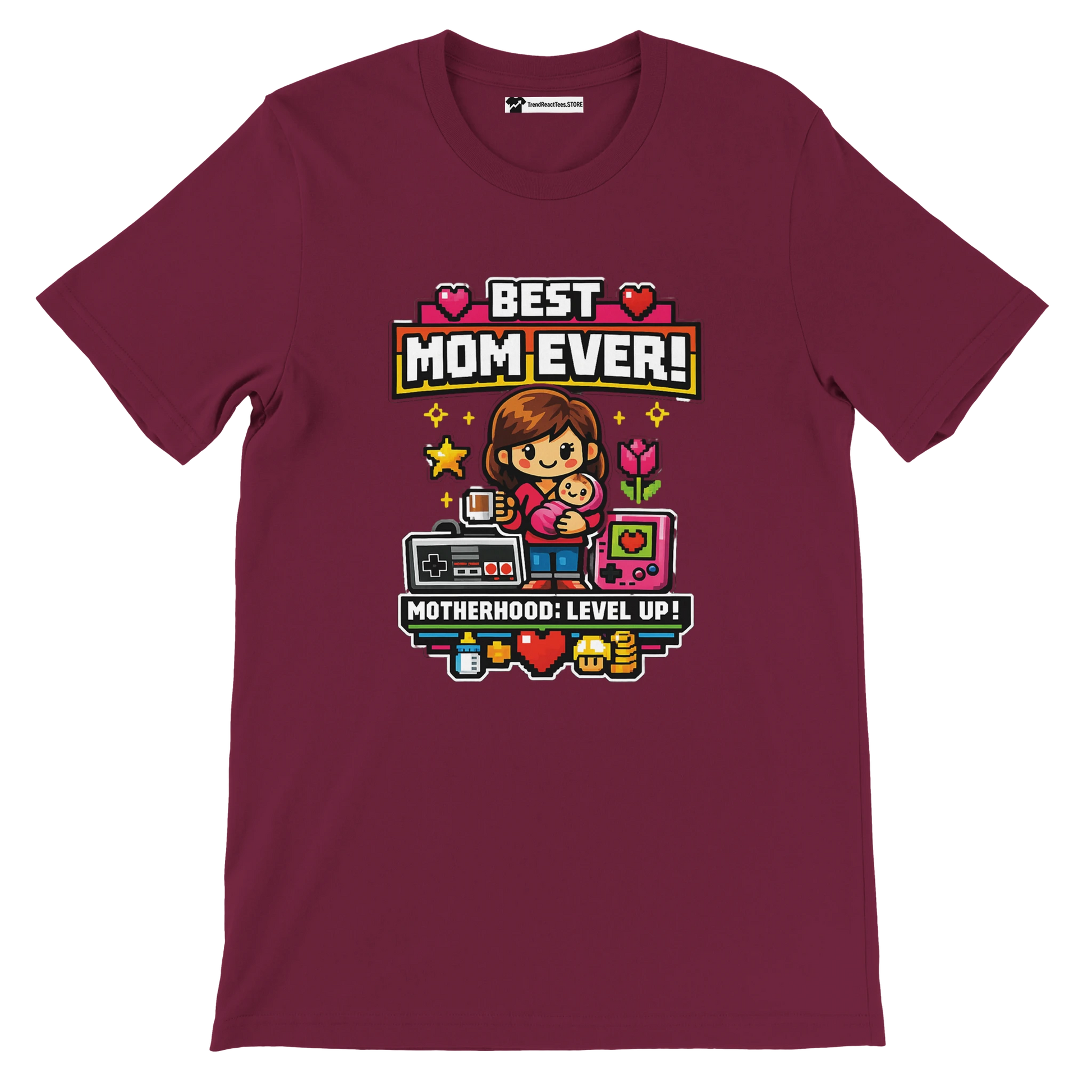 Maroon tee with pixel art of mom and baby, gaming icons, and text Best Mom Ever, Motherhood: Level Up
