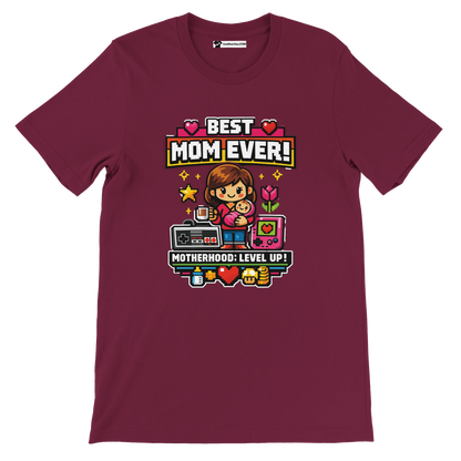 Maroon tee with pixel art of mom and baby, gaming icons, and text Best Mom Ever, Motherhood: Level Up