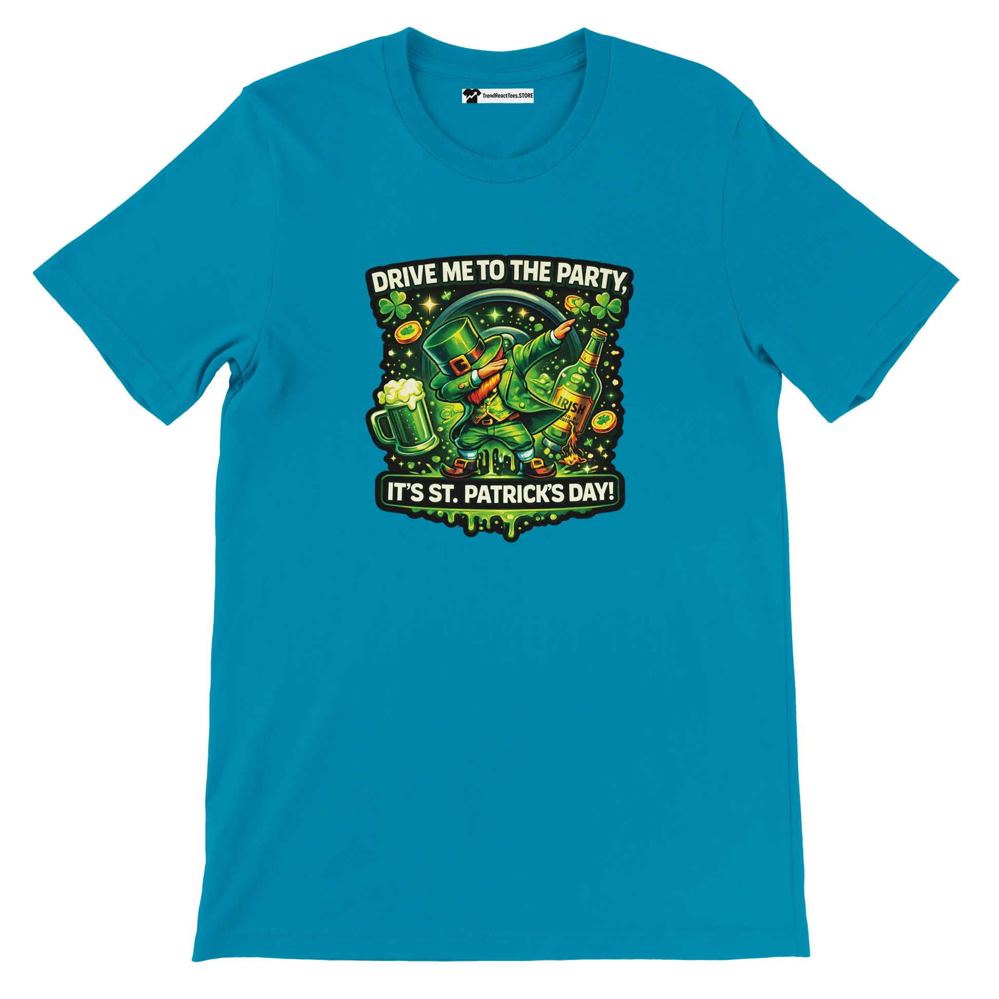 Blue St. Patrick's Day tee with dabbing leprechaun, beer, shamrocks, and 'Drive Me to the Party' text