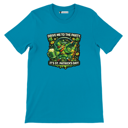 Blue St. Patrick's Day tee with dabbing leprechaun, beer, shamrocks, and 'Drive Me to the Party' text