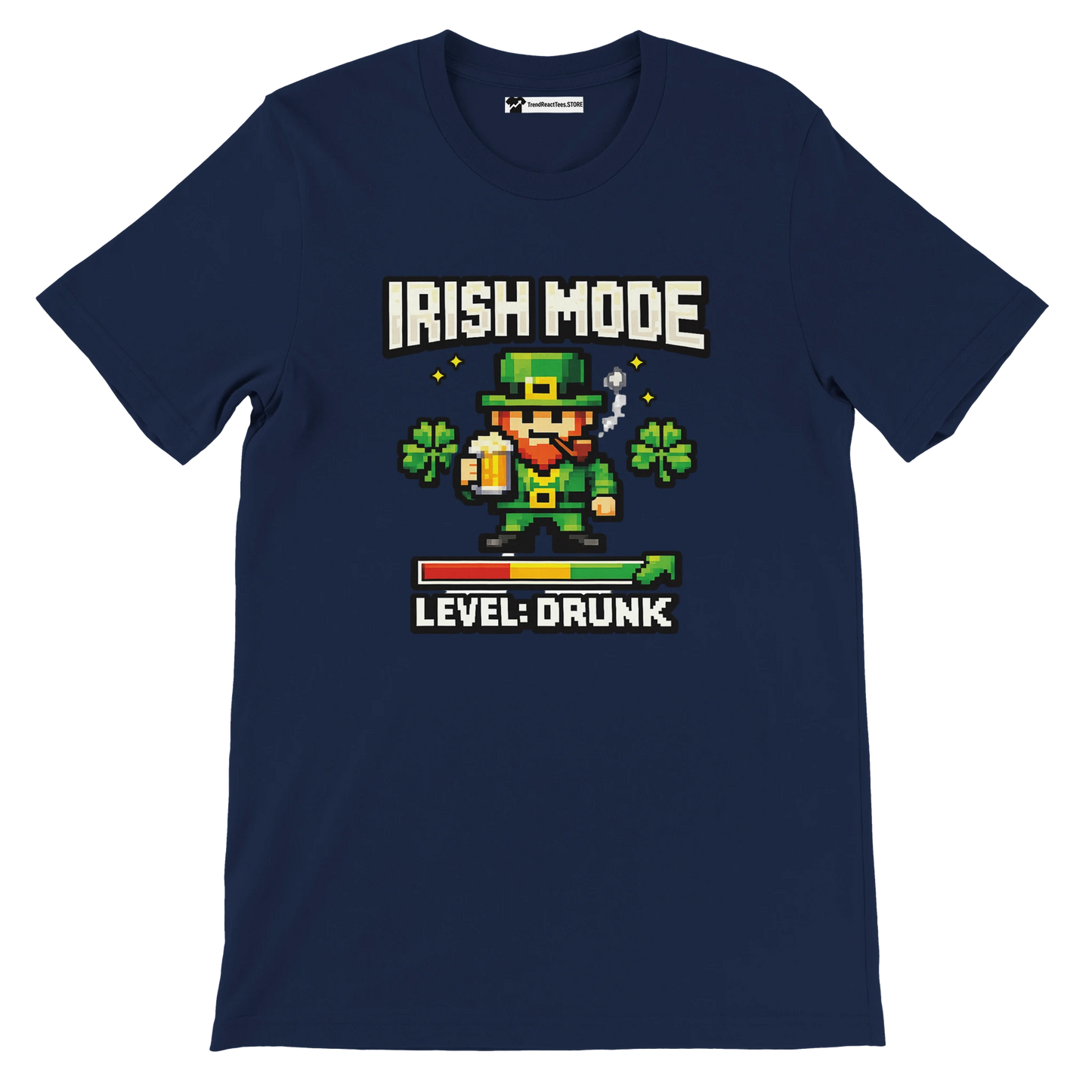 Navy blue St. Patrick's Day tee with pixel leprechaun, 'Irish Mode Level: Drunk' text, shamrocks, beer mug
