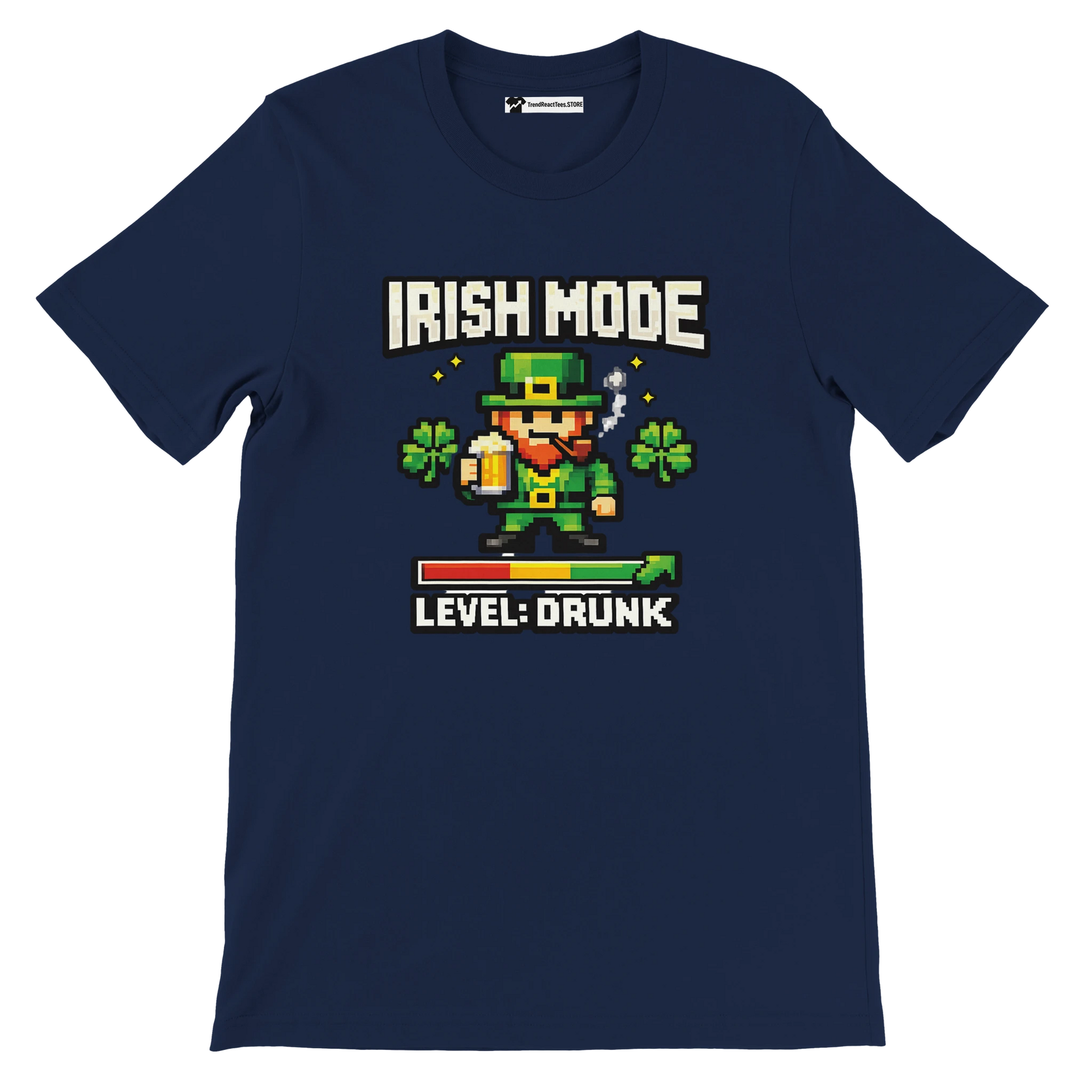 Navy blue St. Patrick's Day tee with pixel leprechaun, 'Irish Mode Level: Drunk' text, shamrocks, beer mug